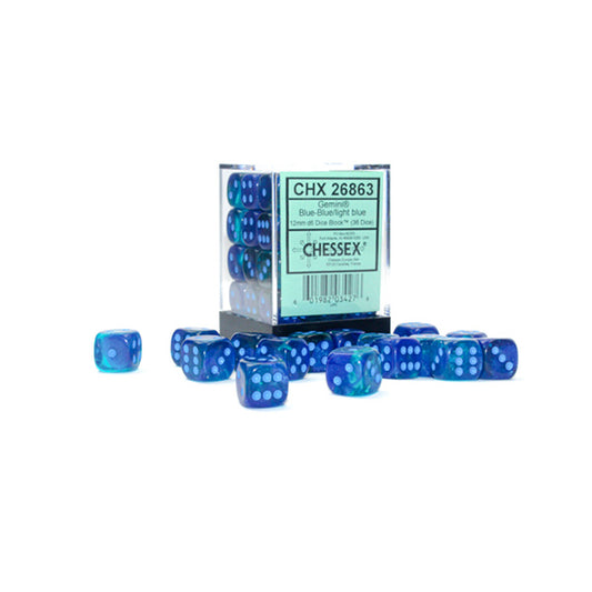 Gemini Luminary Blue-Blue/Light Blue 36d6 set of blue translucent 12mm dice with white pips in a clear container.