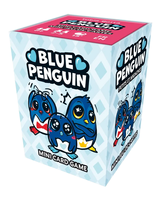 Blue Penguin card game featuring cartoon penguins on a blue diamond-pattern background.