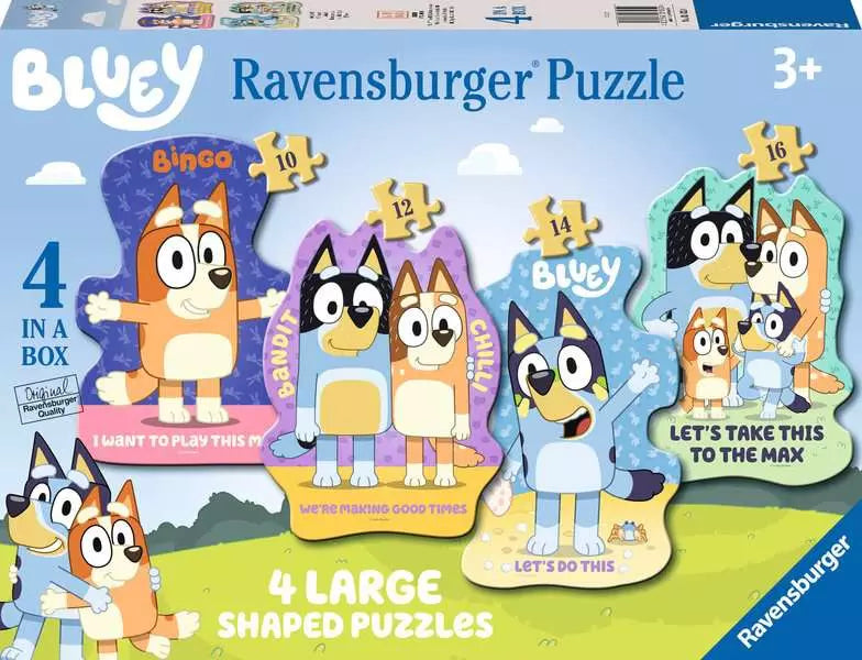 Bluey 4 large shaped puzzles set with 10, 12, 14, and 16 pieces featuring Bluey characters and captions.