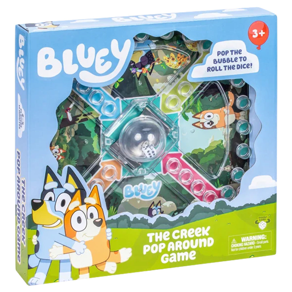 Bluey The Creek Pop Around Game with colorful game board, popper, and Bluey character pieces.
