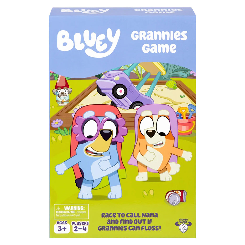 Bluey Grannies Game preschool board game with two cartoon dogs dressed as grannies on the box.