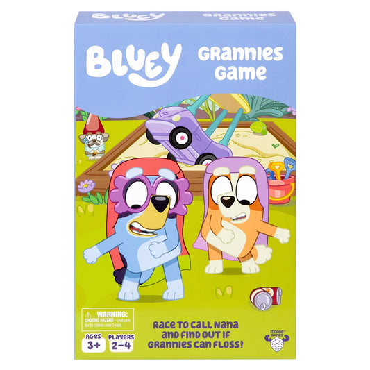 Bluey Grannies Game preschool board game with two cartoon dogs dressed as grannies on the box.