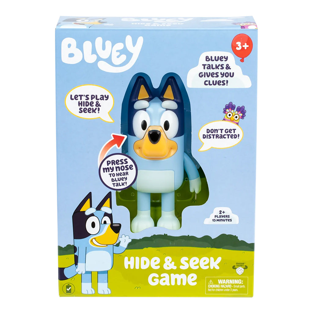Bluey Hide N Seek game with interactive Bluey figure that says phrases when her nose is pressed.