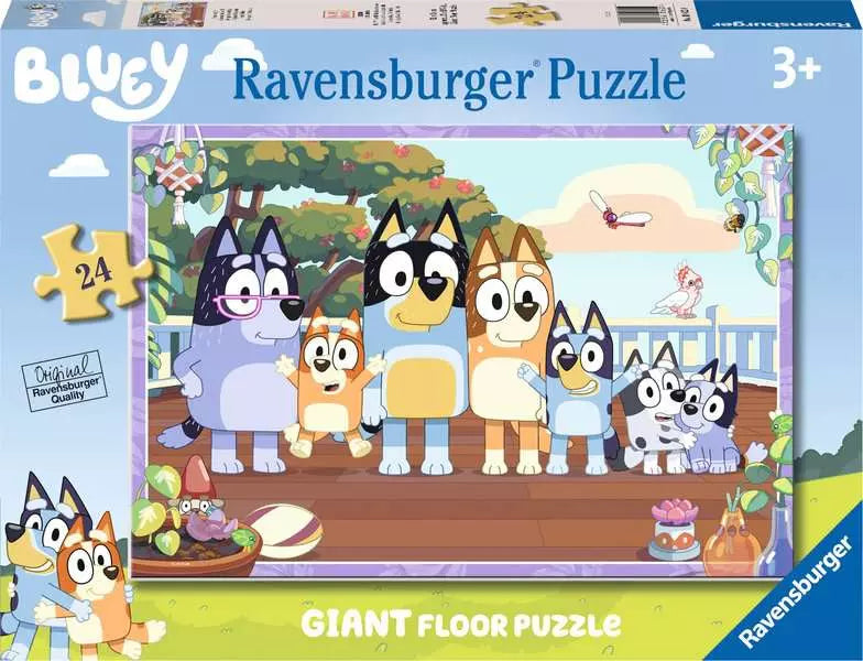 Bluey Giant Floor Puzzle 24-piece set with large pieces, featuring Bluey and her family on a porch with a garden.