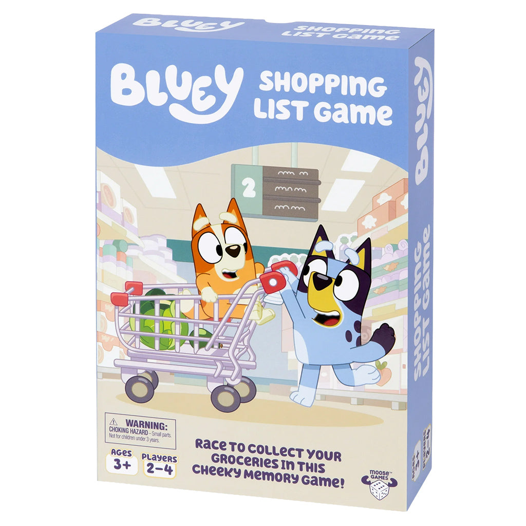 Bluey Shopping List Game box featuring cartoon dogs grocery shopping.