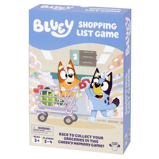 Bluey Shopping List Game box featuring cartoon dogs grocery shopping.