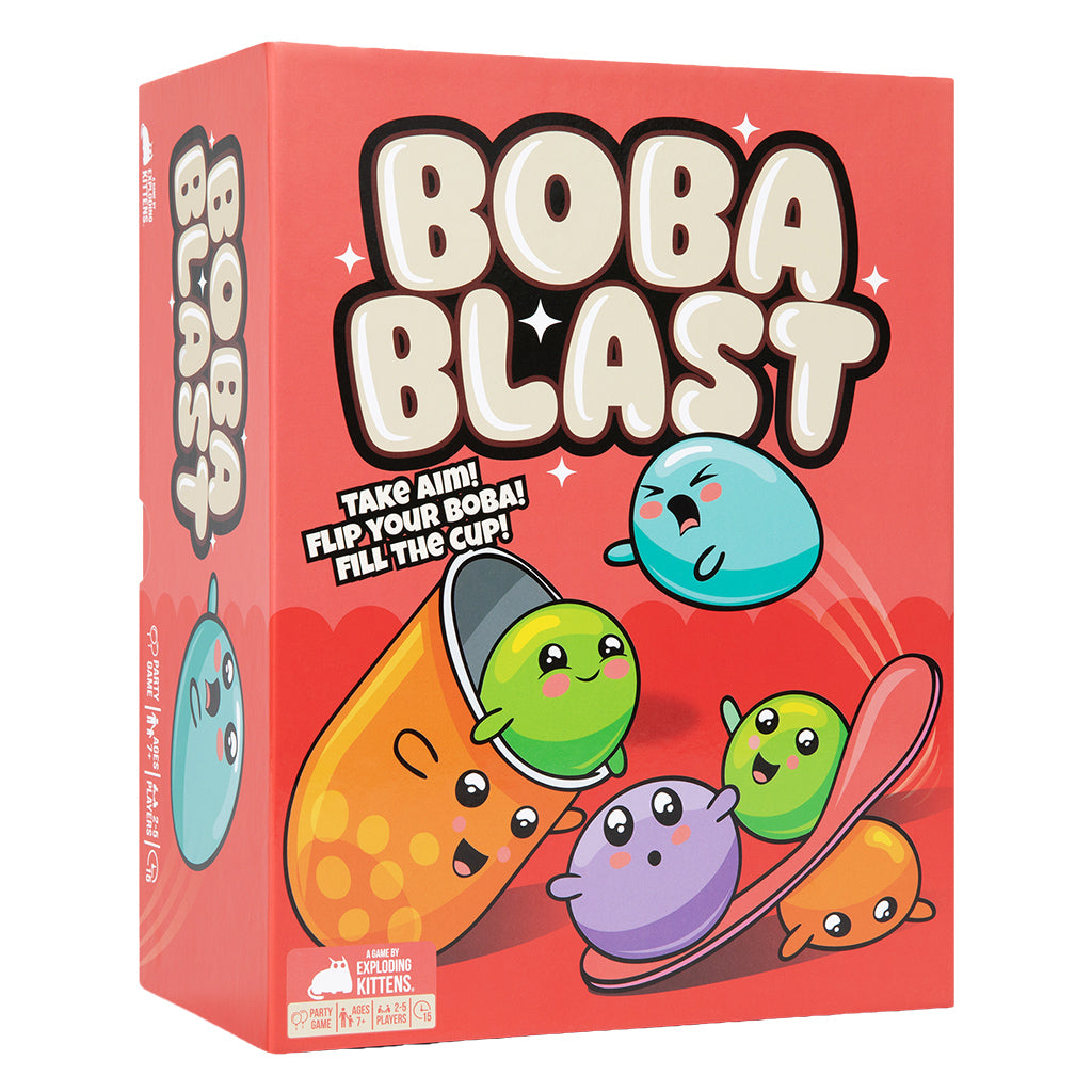 Boba Blast game box featuring cartoon boba and the text: Take Aim Flip Your Boba Fill the Cup.