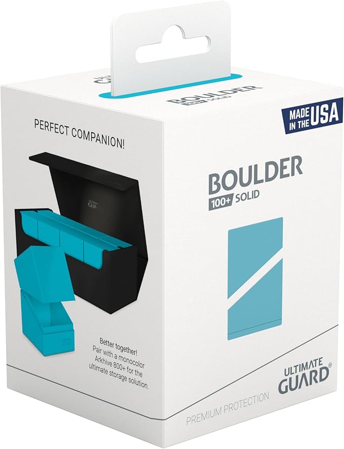 Ultimate Guard Boulder Deck Case 100+ in solid turquoise with blue accents shown in packaging.