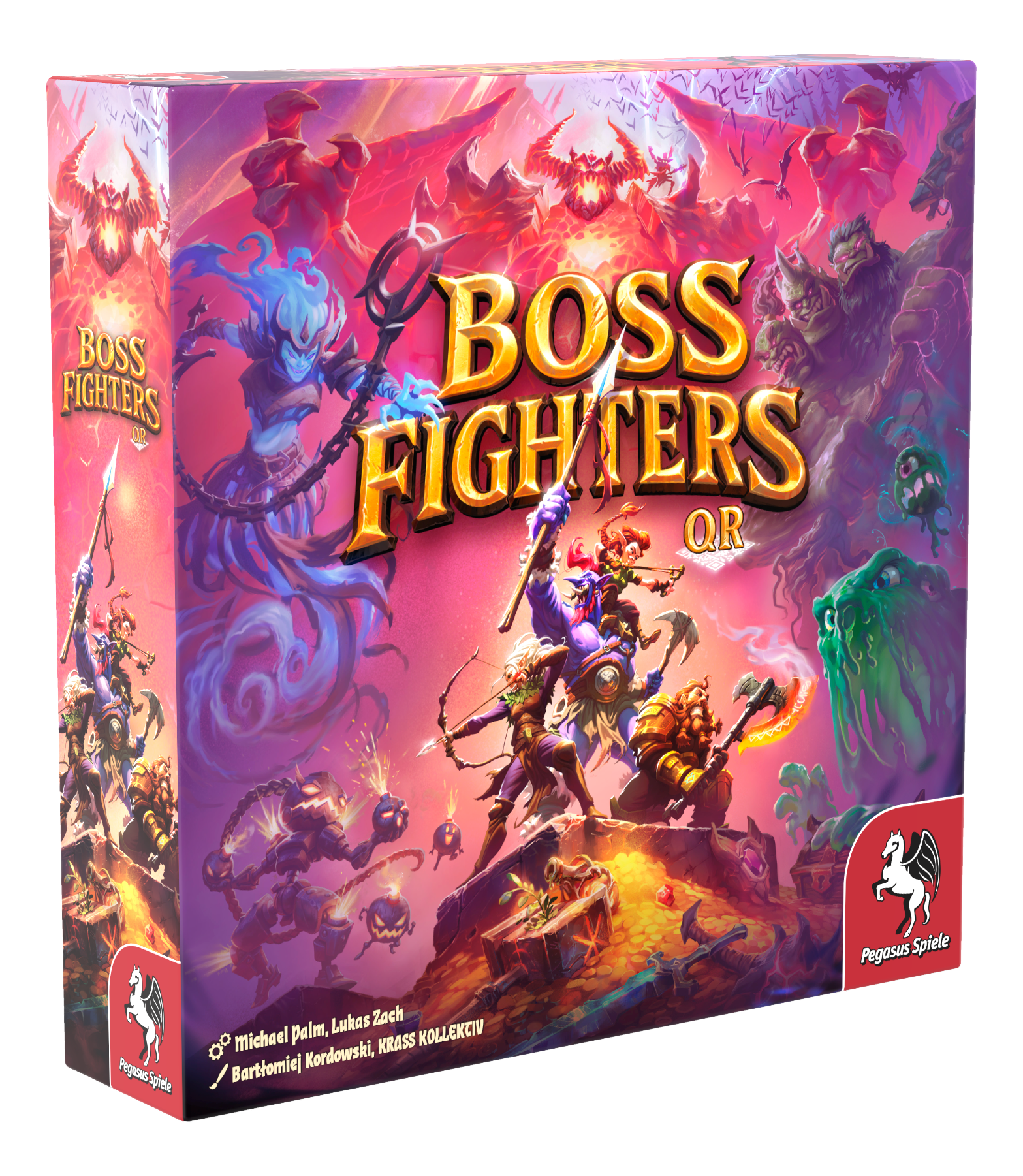 Boss Fighters QR board game box featuring heroes battling a demonic boss; co-op fantasy campaign edition.
