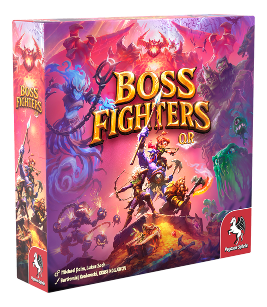 Boss Fighters QR board game box featuring heroes battling a demonic boss; co-op fantasy campaign edition.