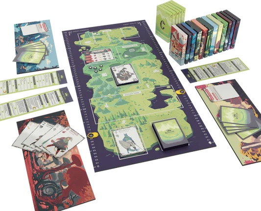 Regicide Legacy game with cards, player mats, tokens, and a central board featuring a green landscape.