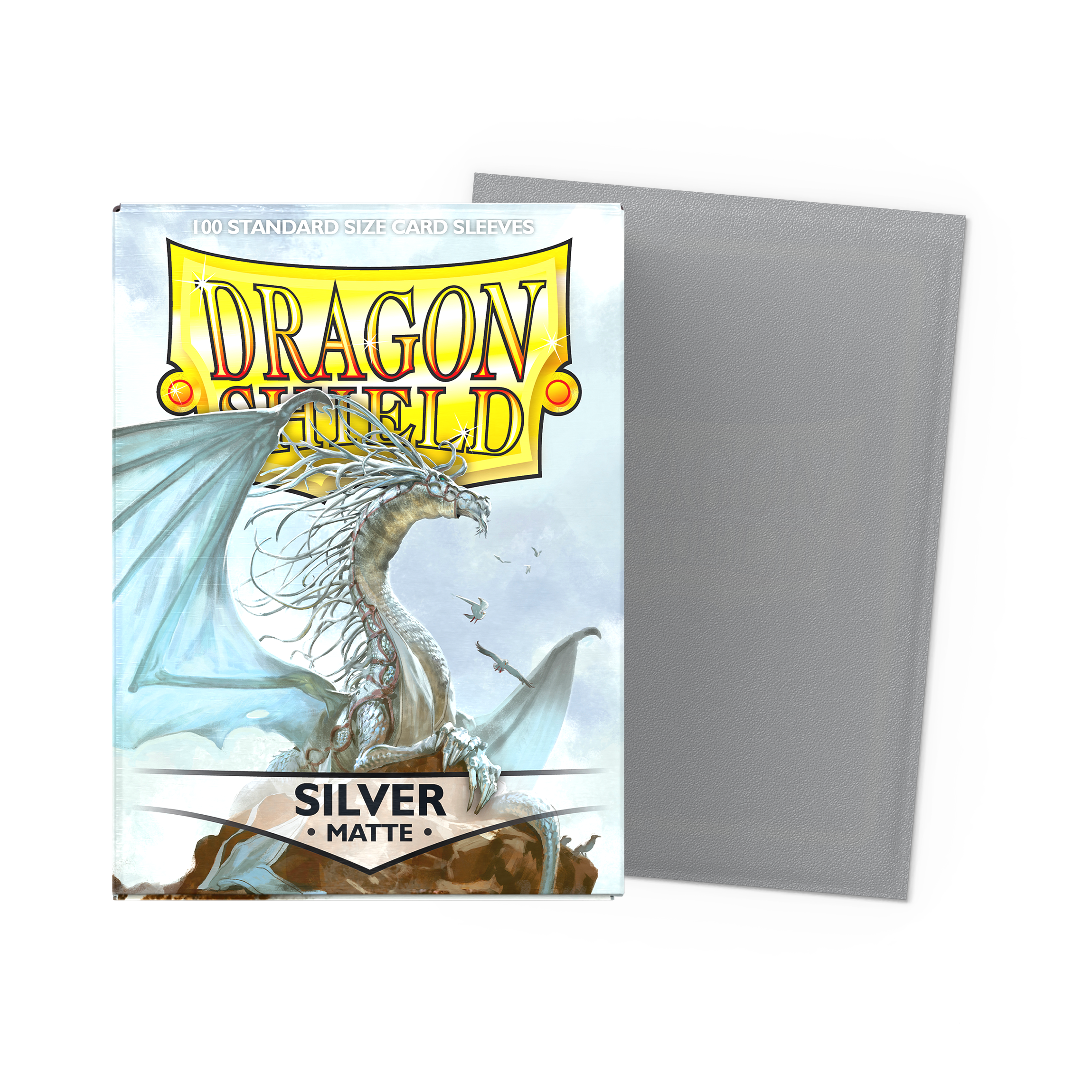 Dragon Shield Standard Sleeves, 100 count, Silver Matte, with one sleeve displayed next to the box.