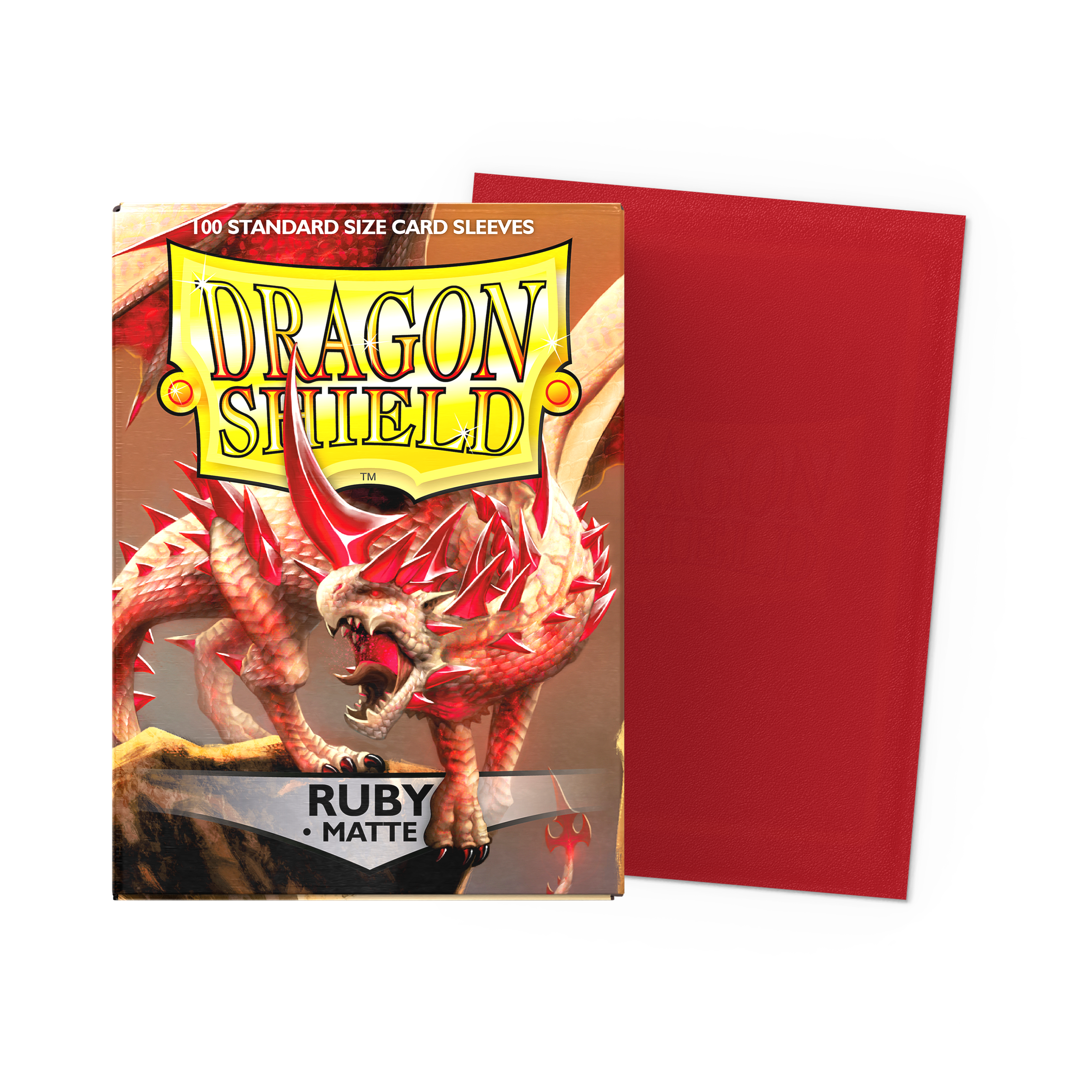 Dragon Shield Standard Sleeves 100 Count Box with red sleeve shown next to the box.
