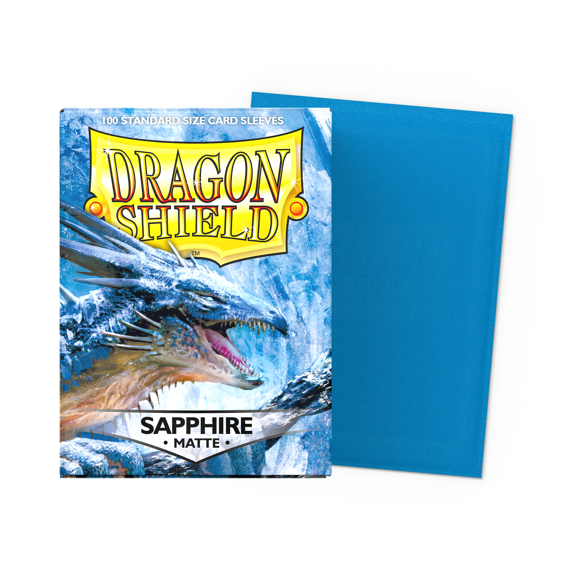Dragon Shield Standard Sleeves 100 Count Box, sapphire variant with one sleeve displayed next to the box.