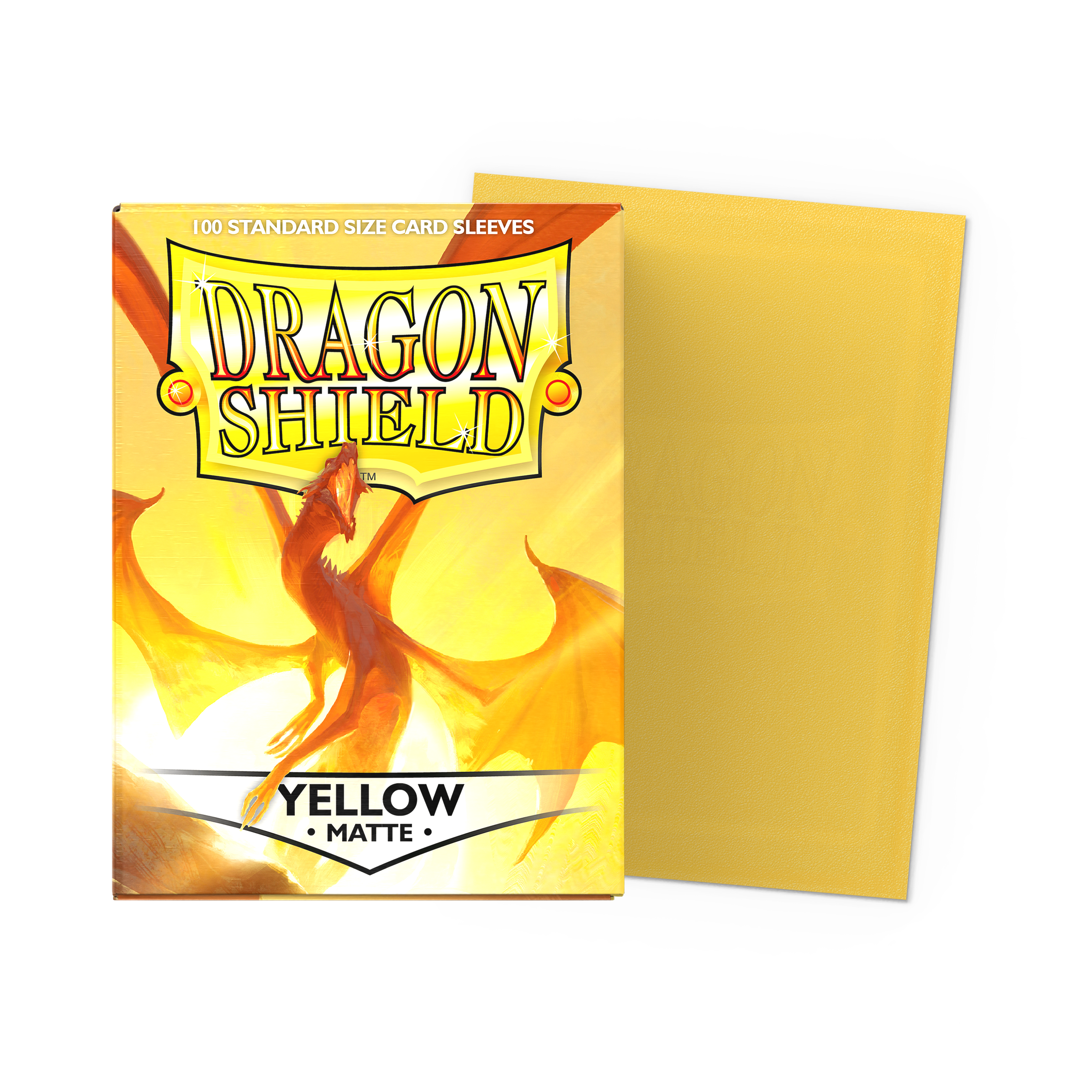 Dragon Shield Standard Sleeves 100 Count Box with one bright yellow sleeve displayed next to the box.