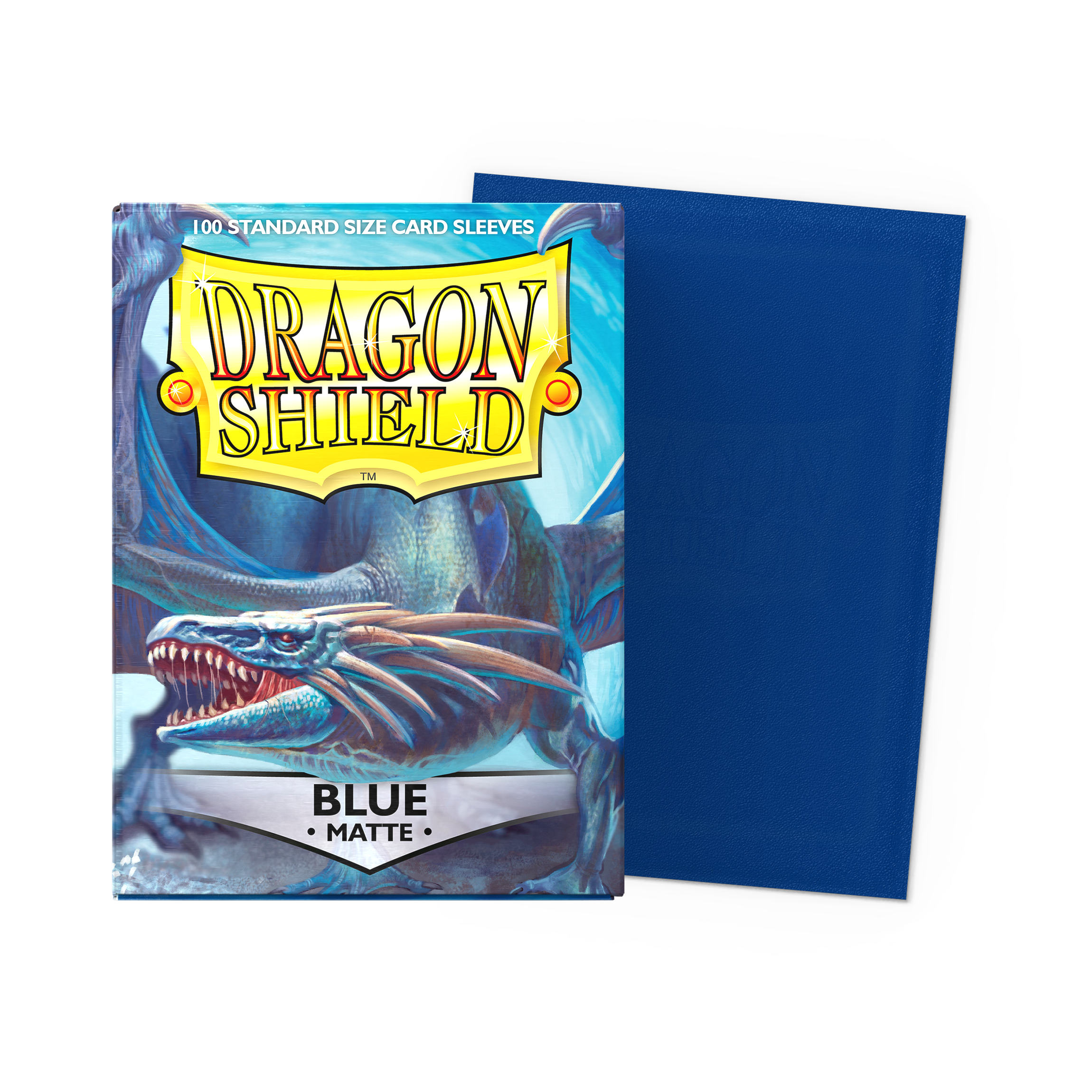 Dragon Shield Standard Sleeves, blue matte, 100-count box shown next to a single blue sleeve.