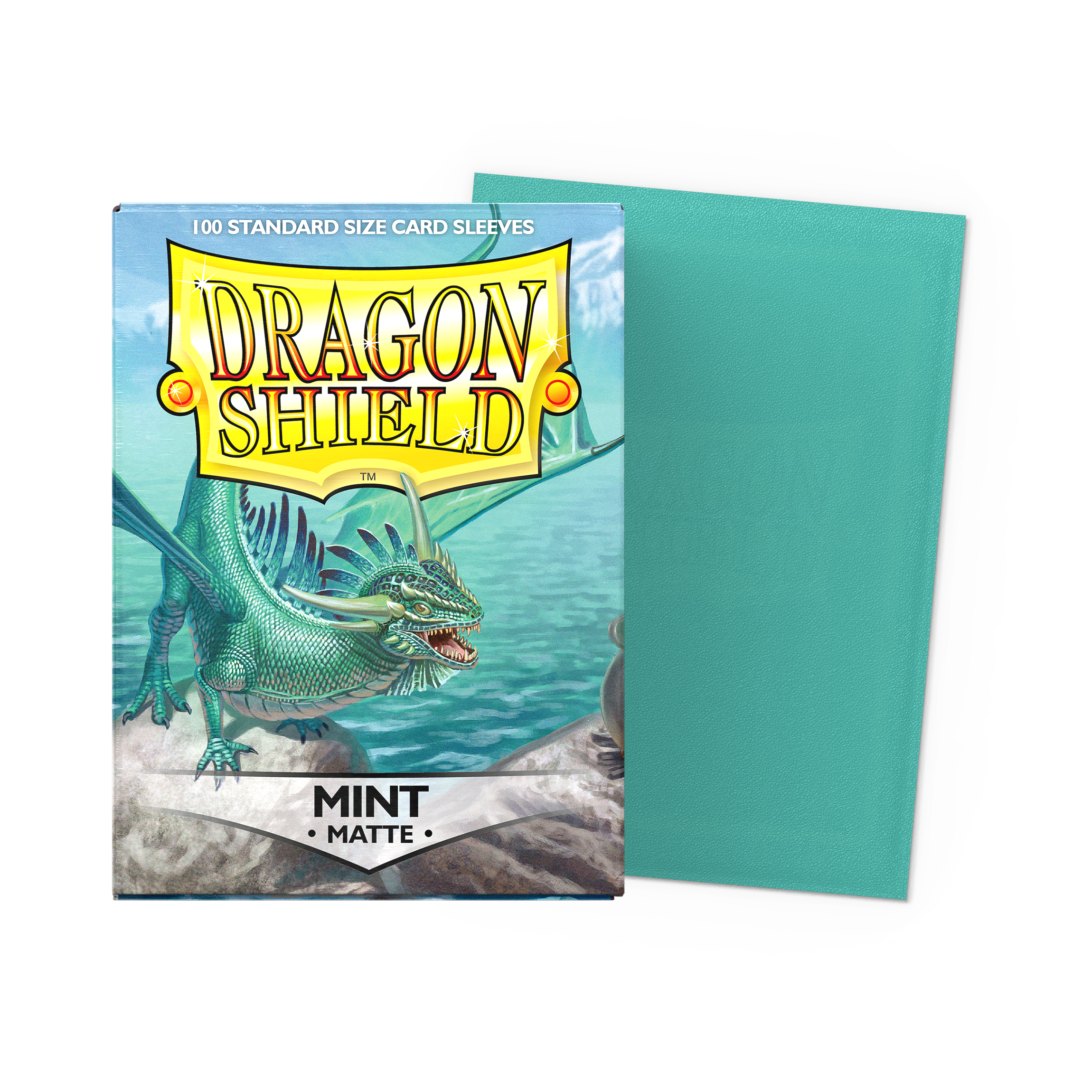 Dragon Shield Standard Sleeves, 100 count box, Mint Matte variant, teal-colored sleeves.