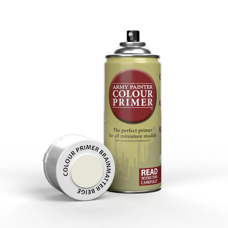 Army Painter Colour Primer spray can, Brainmatter Beige, with cap off showing nozzle and side label.