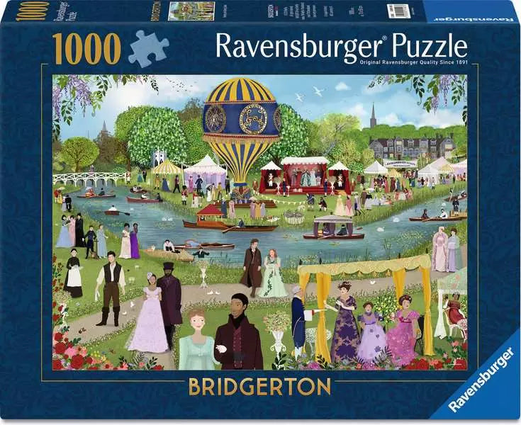 The Bridgerton 1000 Pc Puzzle - Seeing and Being Seen featuring a Regency riverside festival scene with Daphne.