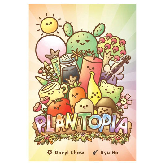 Plantopia garden strategy game with cartoon plants and faces above the title.