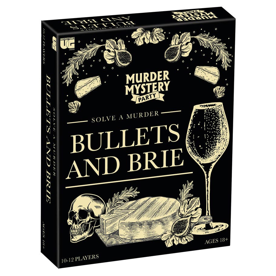Bullets and Brie murder mystery party game with cheese, wine, a skull, herbs, and an unsolved case file.
