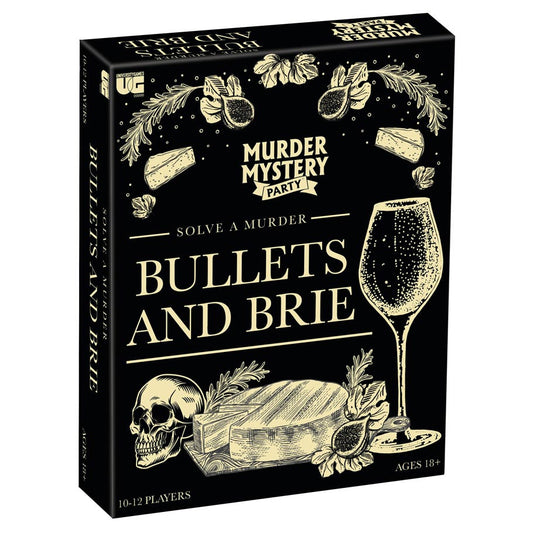 Bullets and Brie murder mystery party game with cheese, wine, a skull, herbs, and an unsolved case file.