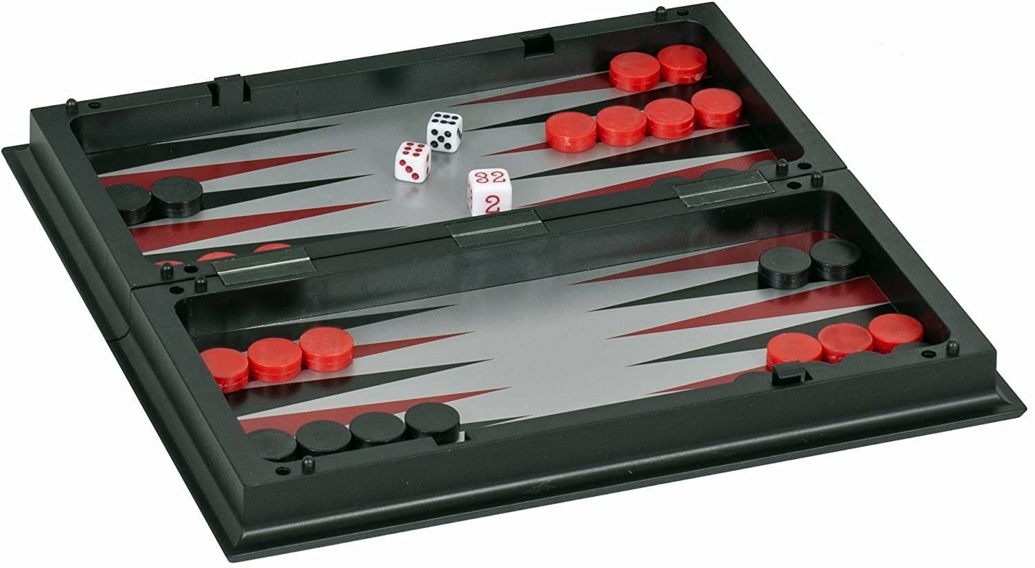 Magnetic 3-in-1 travel game set with 11 backgammon board, red and black checkers, and white dice.