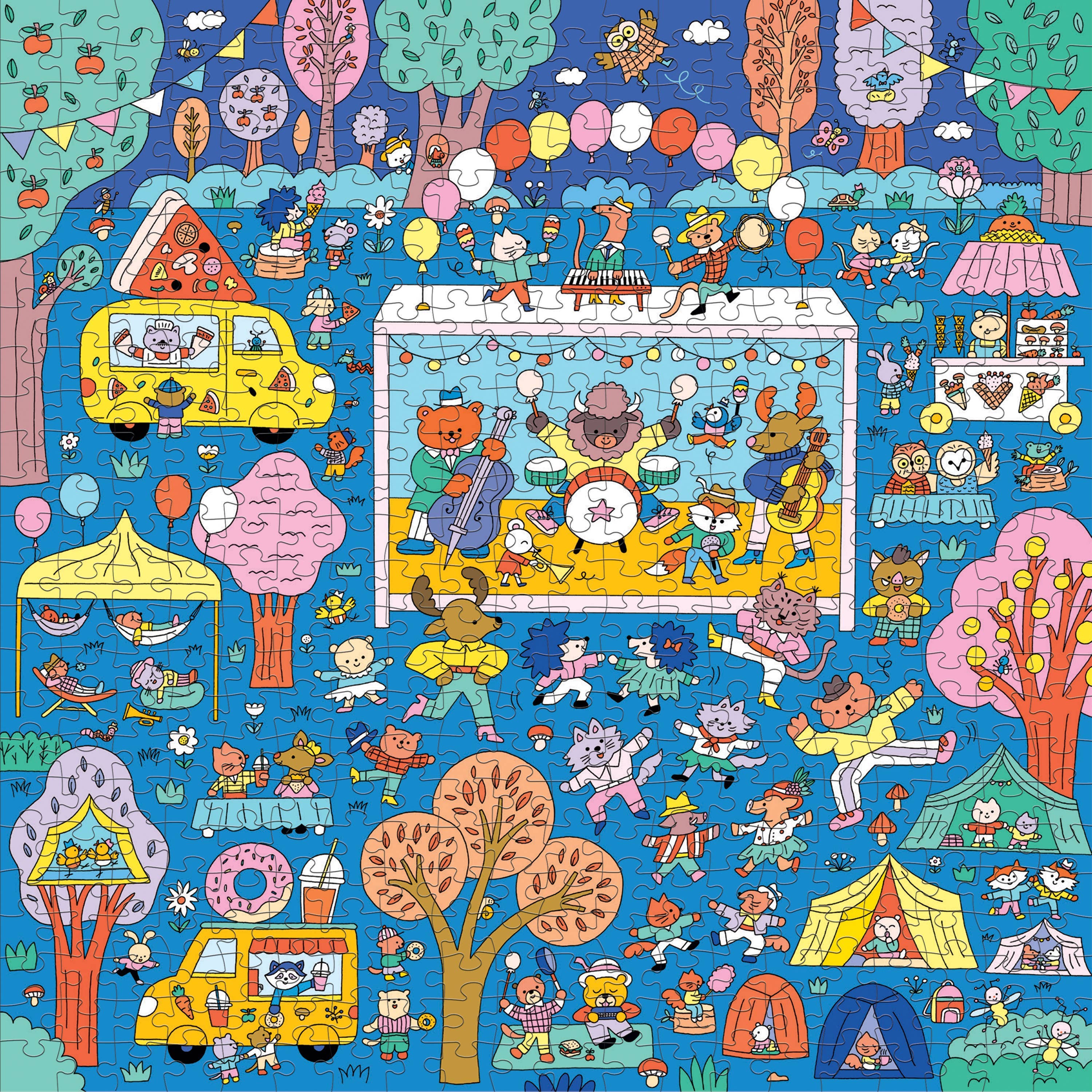 500-piece search and find family puzzle featuring cartoon animals at a music festival with games and food stalls.