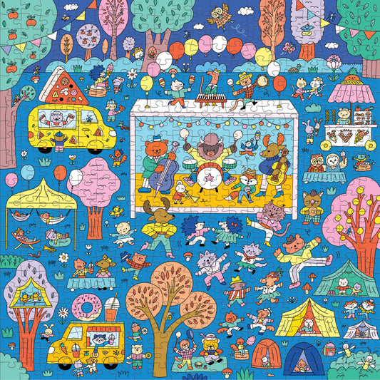 500-piece search and find family puzzle featuring cartoon animals at a music festival with games and food stalls.