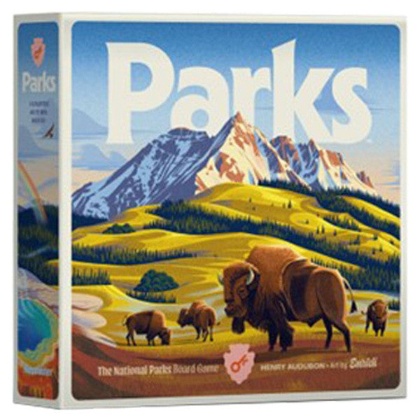 Parks 2nd Edition board game box featuring bison in a national parks scene with mountains.