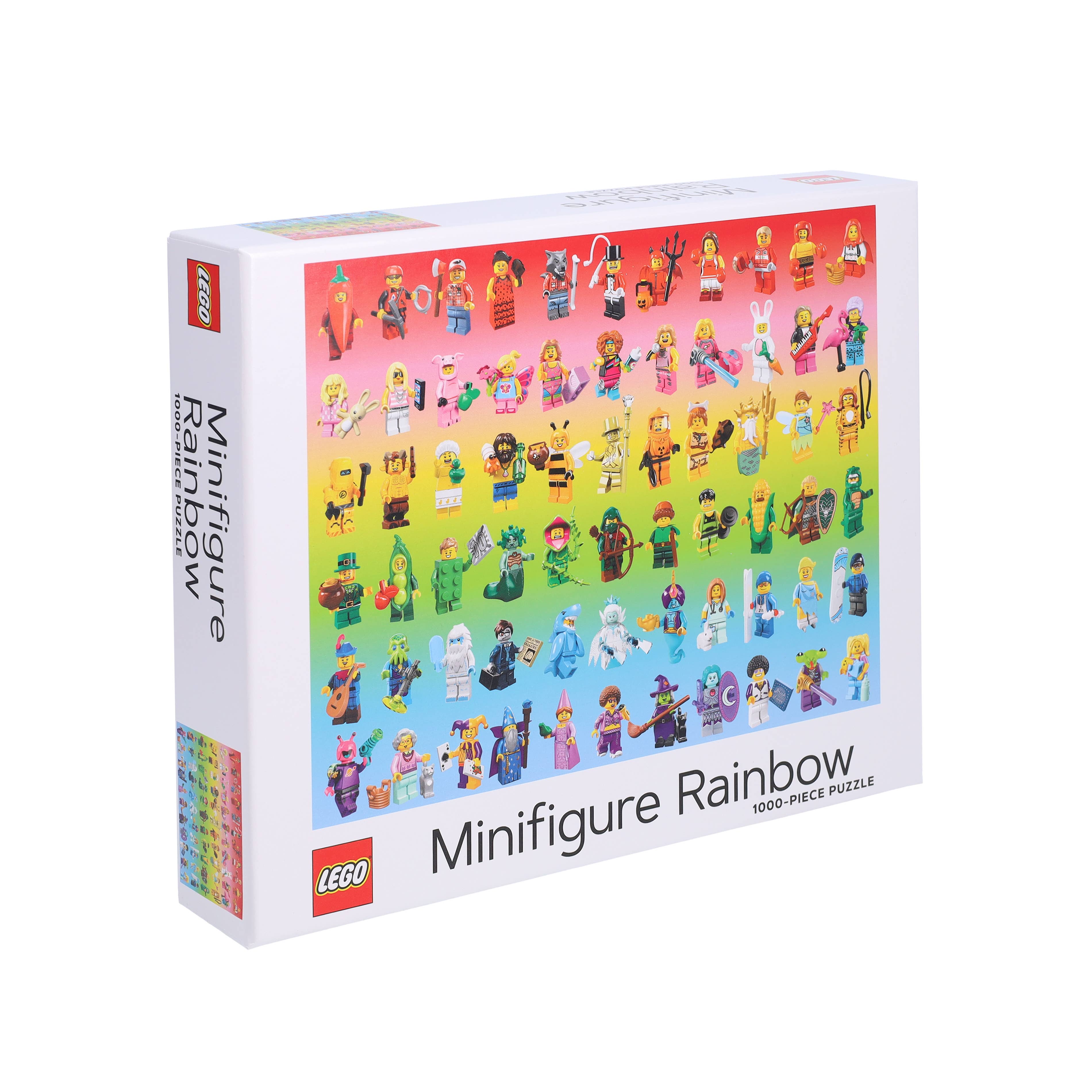 LEGO Minifigure Rainbow 1000-Piece Puzzle with minifigures on a rainbow gradient background.