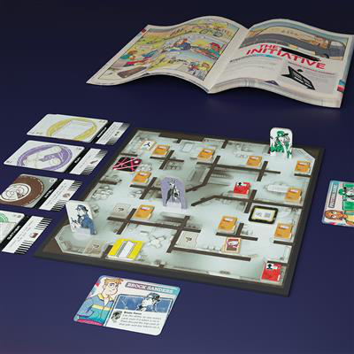 The Initiative cooperative board game includes cards, character standees, a game board, and a comic-style rulebook.