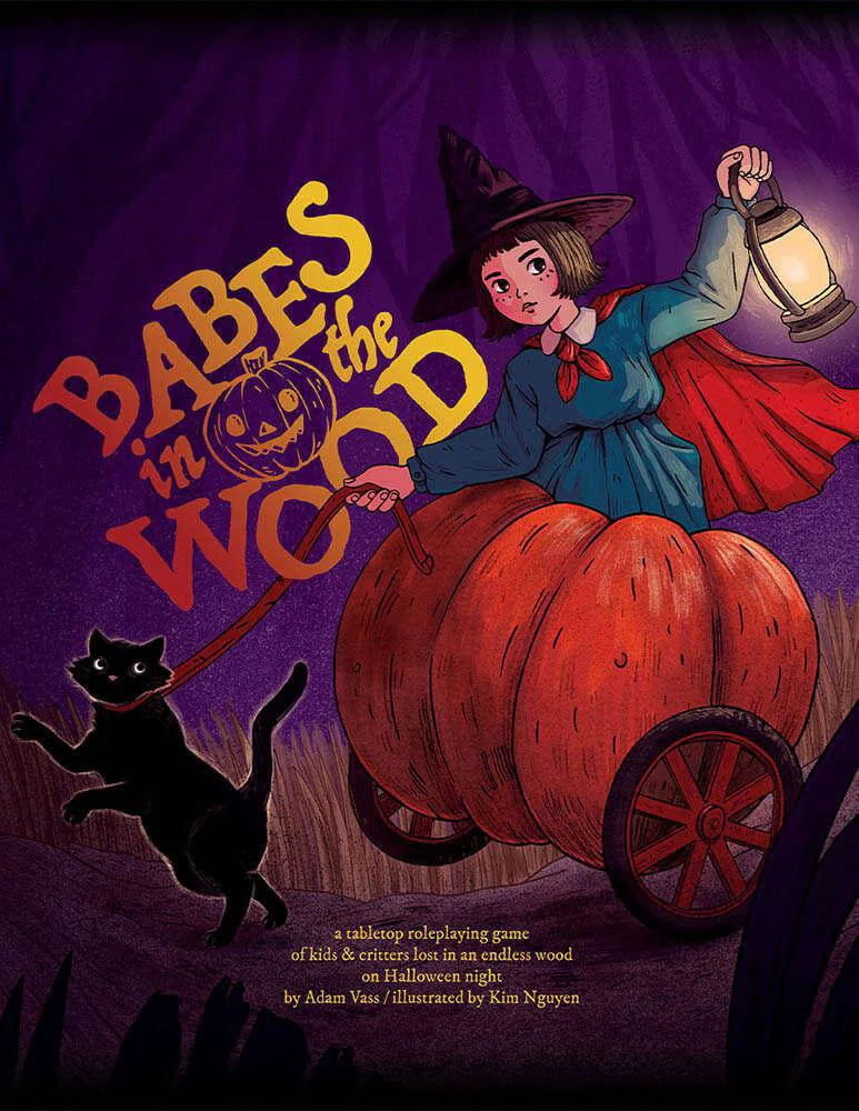 Babes in the Wood (2nd Edition) tabletop RPG featuring a witch girl and black cat in a pumpkin cart.