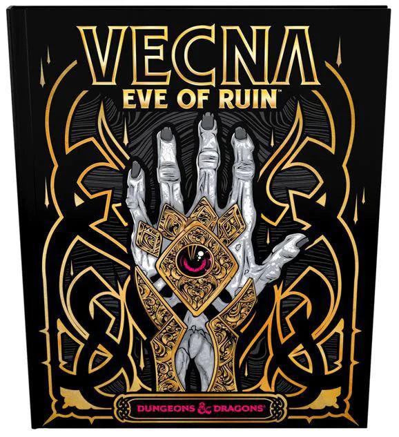 Vecna Eve of Ruin (Alternative Cover) D&D 5E book with ornate hand, pink eye, and gold designs on the cover.