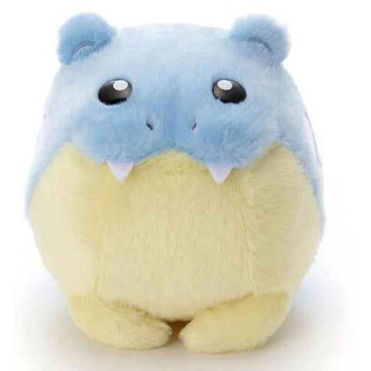 Spheal plush toy featuring blue and yellow accents and small white teeth. Gen III Pokémon.