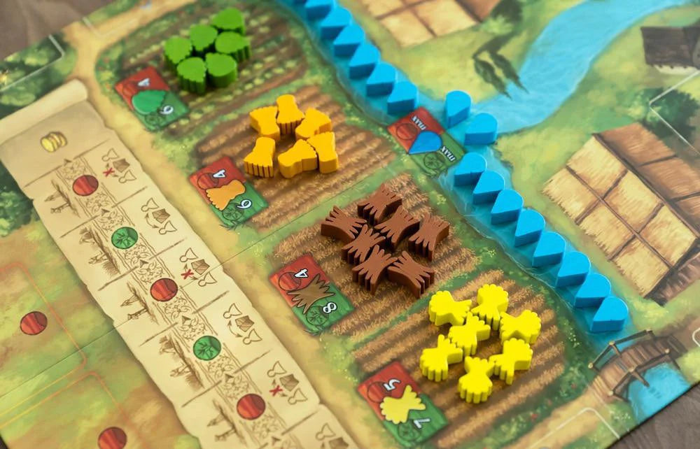Beer & Bread board game with colorful wooden pieces for two players on a farm and river board.