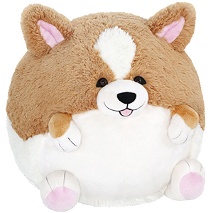 Round plush Squishable Corgi toy with brown and white fur, pink ears, and a smiling face.