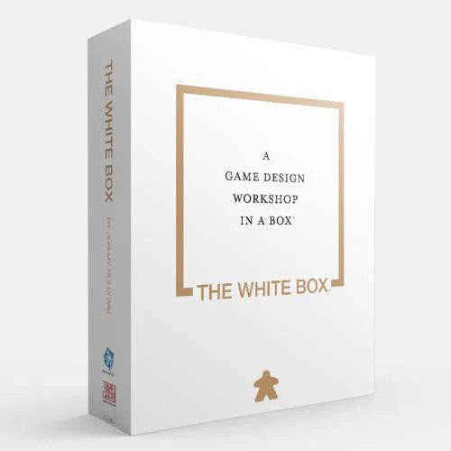 The White Box game prototyping kit with white box, gold text, and essential components.