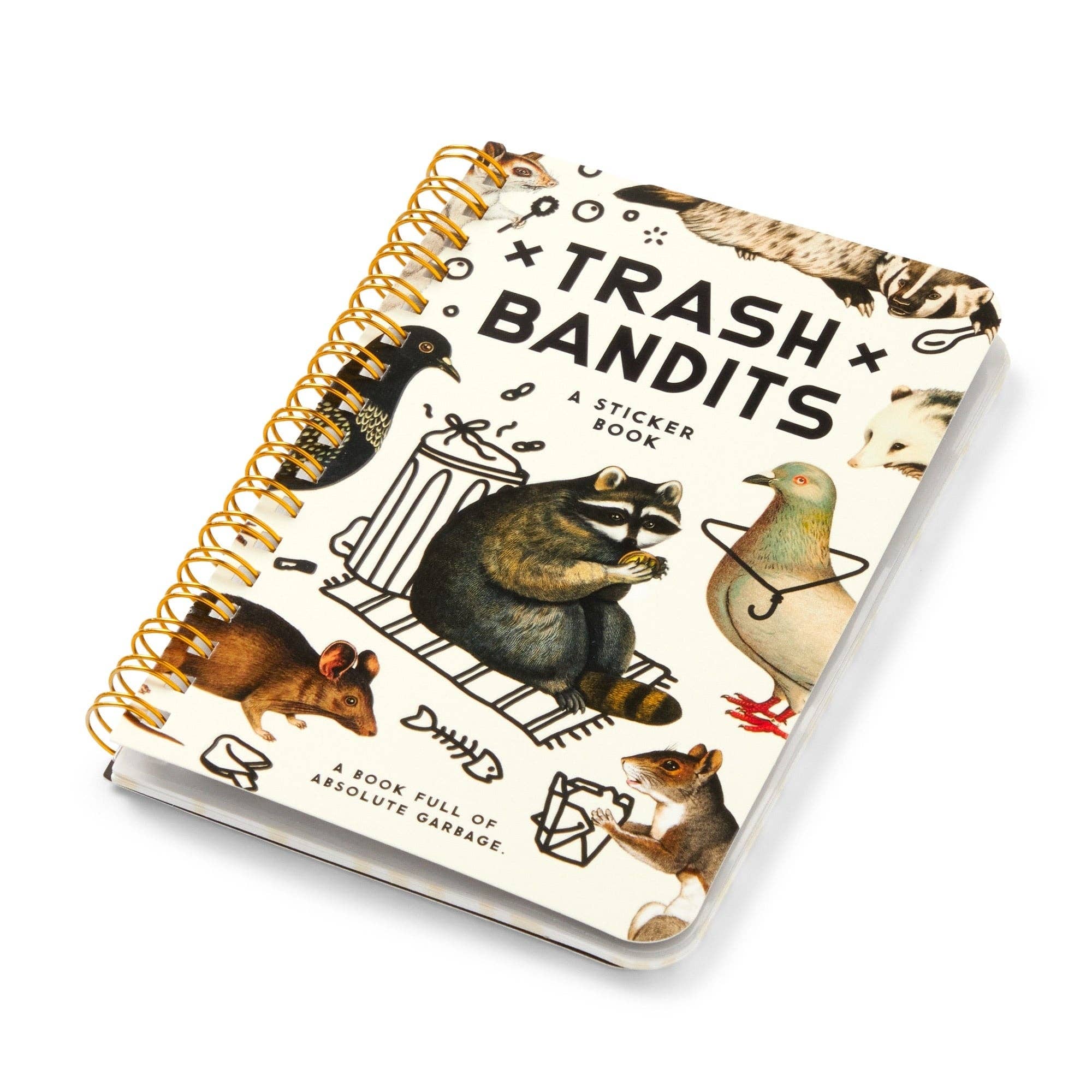 Brass Monkey Trash Bandits Sticker Book with spiral binding, animal illustrations, and large trash animal stickers.