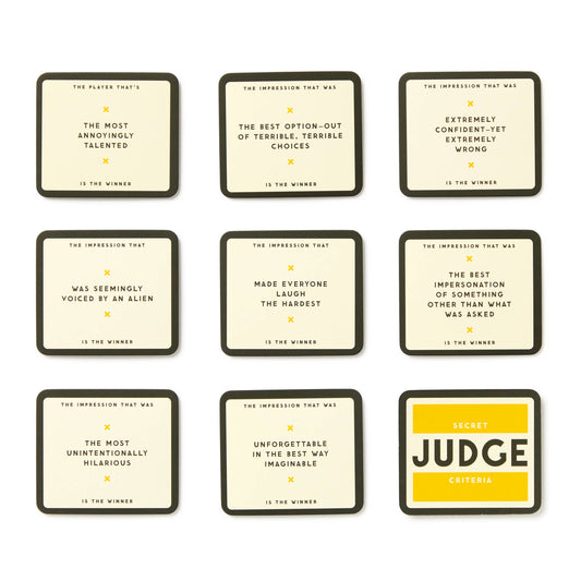 The Imitation Game set with 9 award cards and a yellow Secret Judge Criteria card.