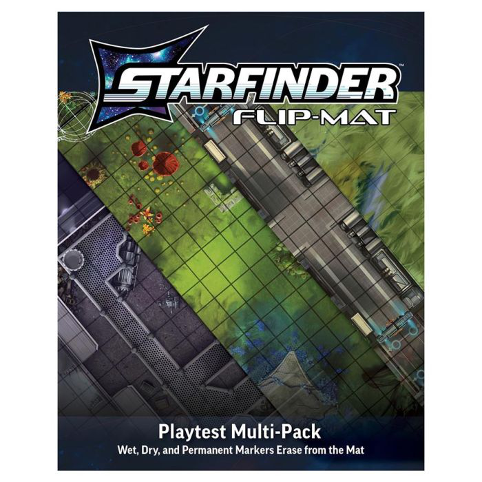 Starfinder 2E Flip-Mat Second Edition Playtest Multi-Pack with sci-fi maps: alien jungle, road, and interiors.
