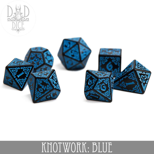 Knotwork: Blue 7-dice set featuring blue and black knotwork patterns on a white surface.