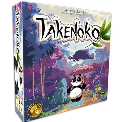 Takenoko board game box with cartoon panda, bamboo stalks, and a pagoda on the cover.
