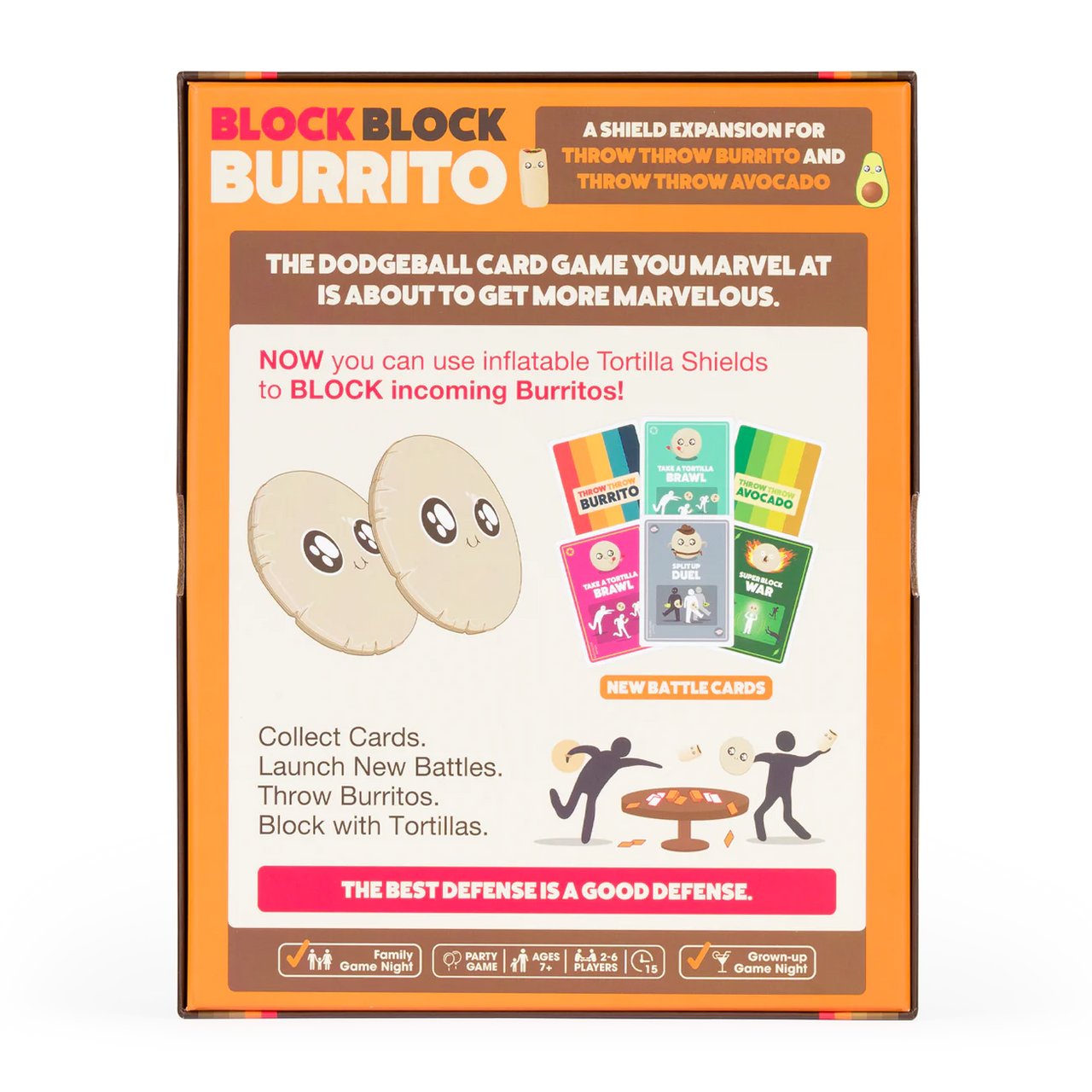 Block Block Burrito Expansion with inflatable tortilla shields and cards for the dodgeball card game.