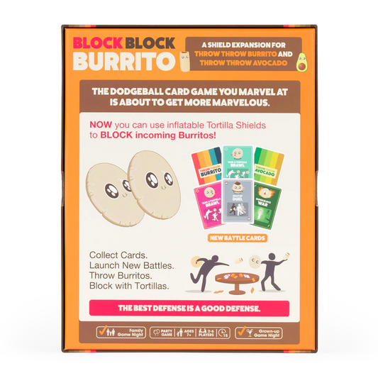 Block Block Burrito Expansion with inflatable tortilla shields and cards for the dodgeball card game.