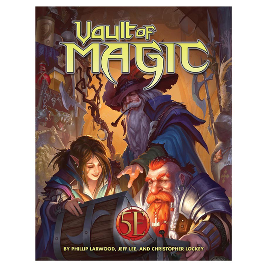 Vault of Magic 5E book for 5th Edition RPG, shown with three fantasy characters studying it.