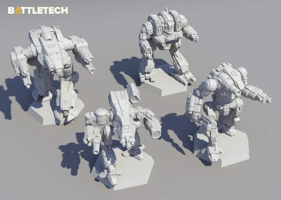 Battletech Miniature Force Pack: Inner Sphere Heavy Battle Lance with four white mechs on hex bases.