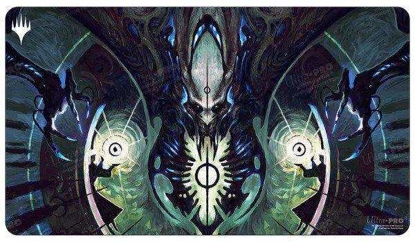 Magic The Gathering Playmat - Gixs Command featuring a futuristic alien with glowing eyes in dark green and blue.