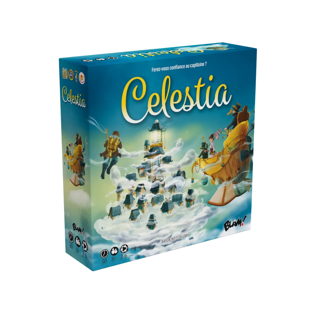 Celestia board game box featuring a sky city, airships, and people.
