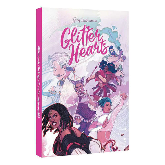 Glitter Hearts RPG cover featuring diverse heroes in action.